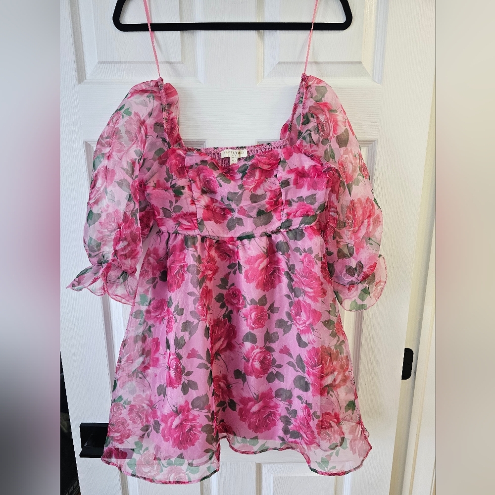 Thirty/Thirty LA floral puff sleeve smocked tiered minidress allover pink floral